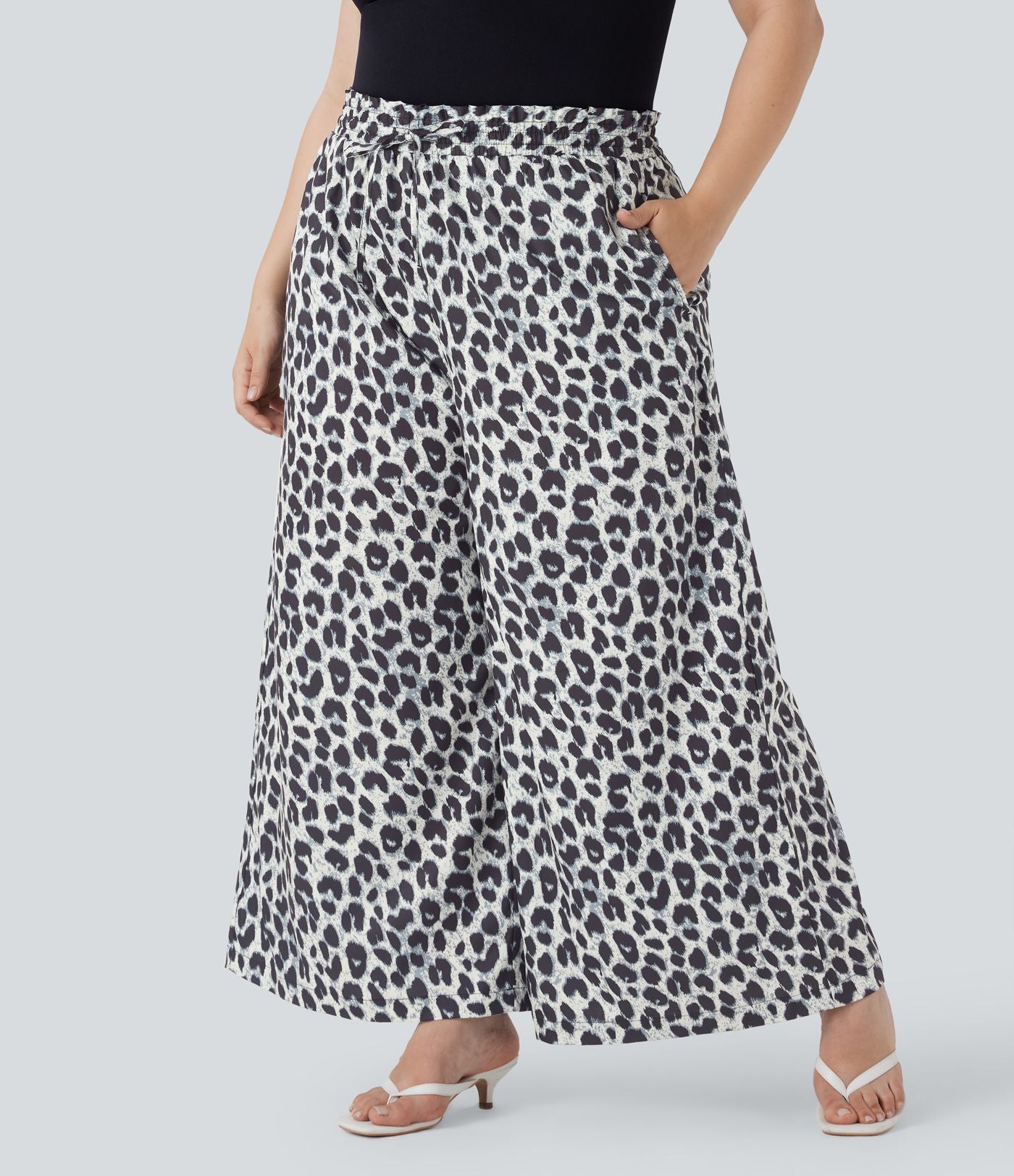 Pantalon décontracté grande taille large fluide taille haute imprimé léopard avec cordon de serrage et poches latérales