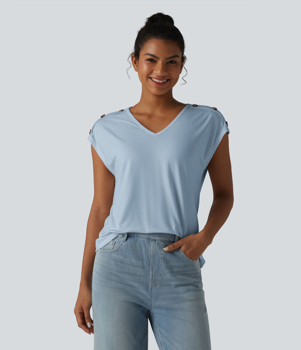 T-shirt décontracté col V manches courtes boutons décoratifs