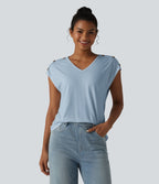T-shirt décontracté col V manches courtes boutons décoratifs