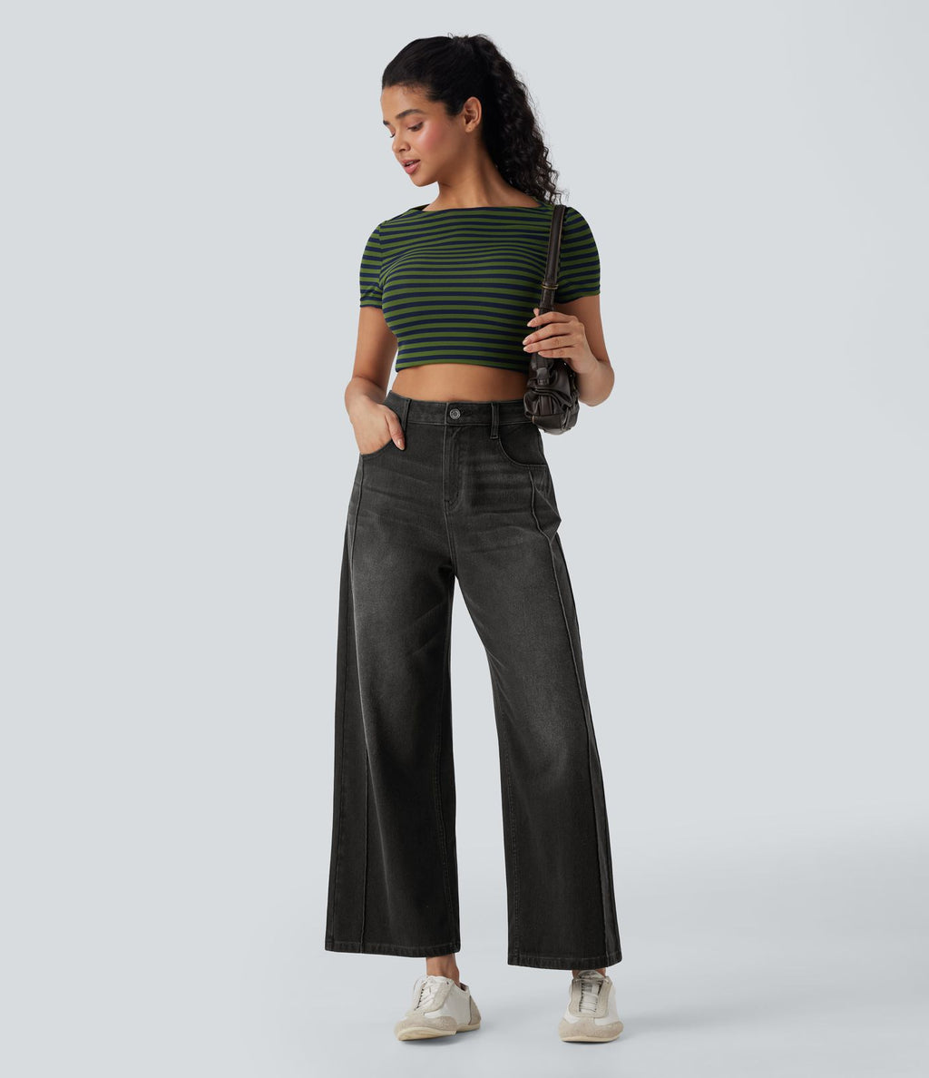 Jean 7/8 baggy décontracté délavé taille haute avec poches Halara Flex™