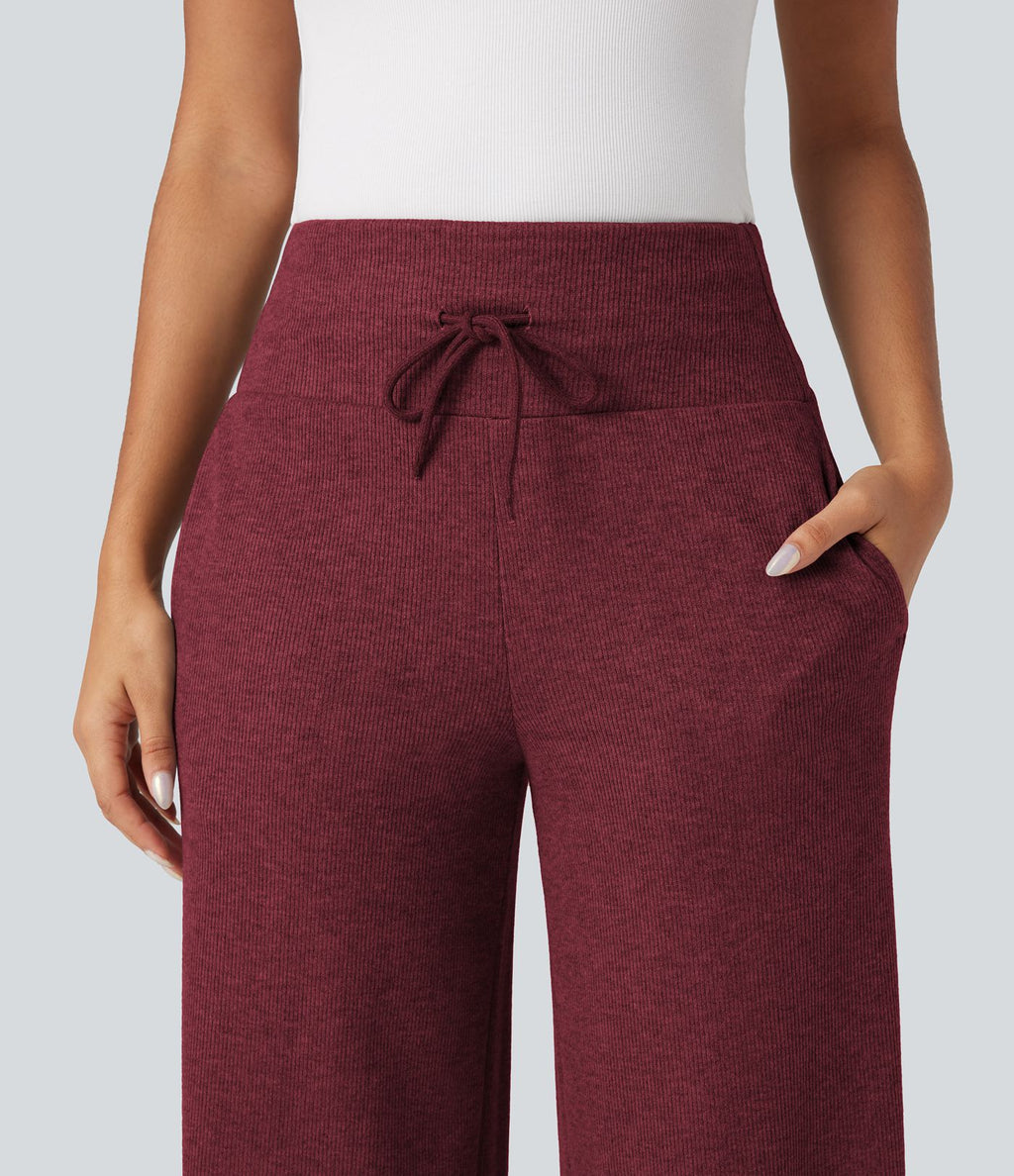 Pantalon jogging large décontracté côtelé gainant taille haute avec cordon de serrage et poches