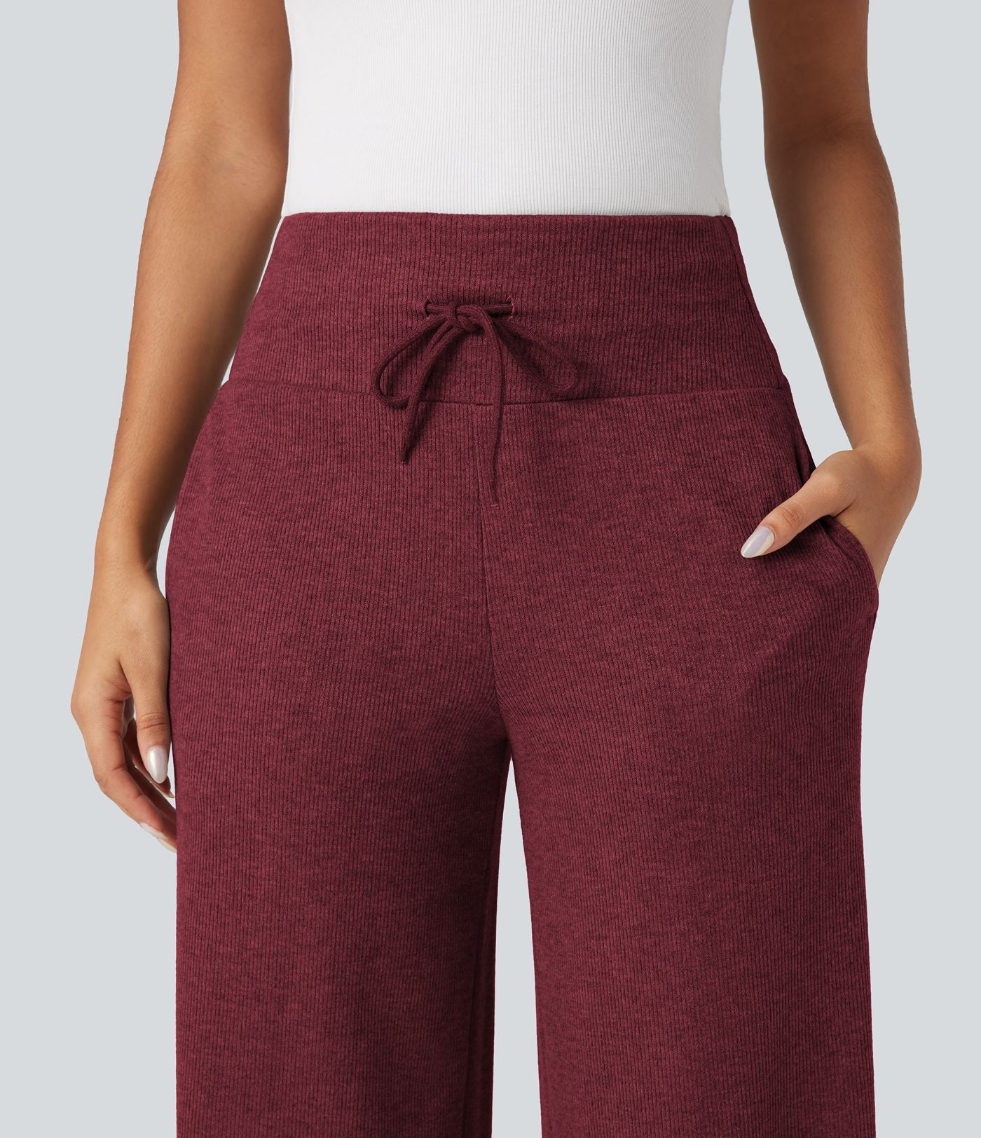 Pantalon jogging large décontracté côtelé gainant taille haute avec cordon de serrage et poches