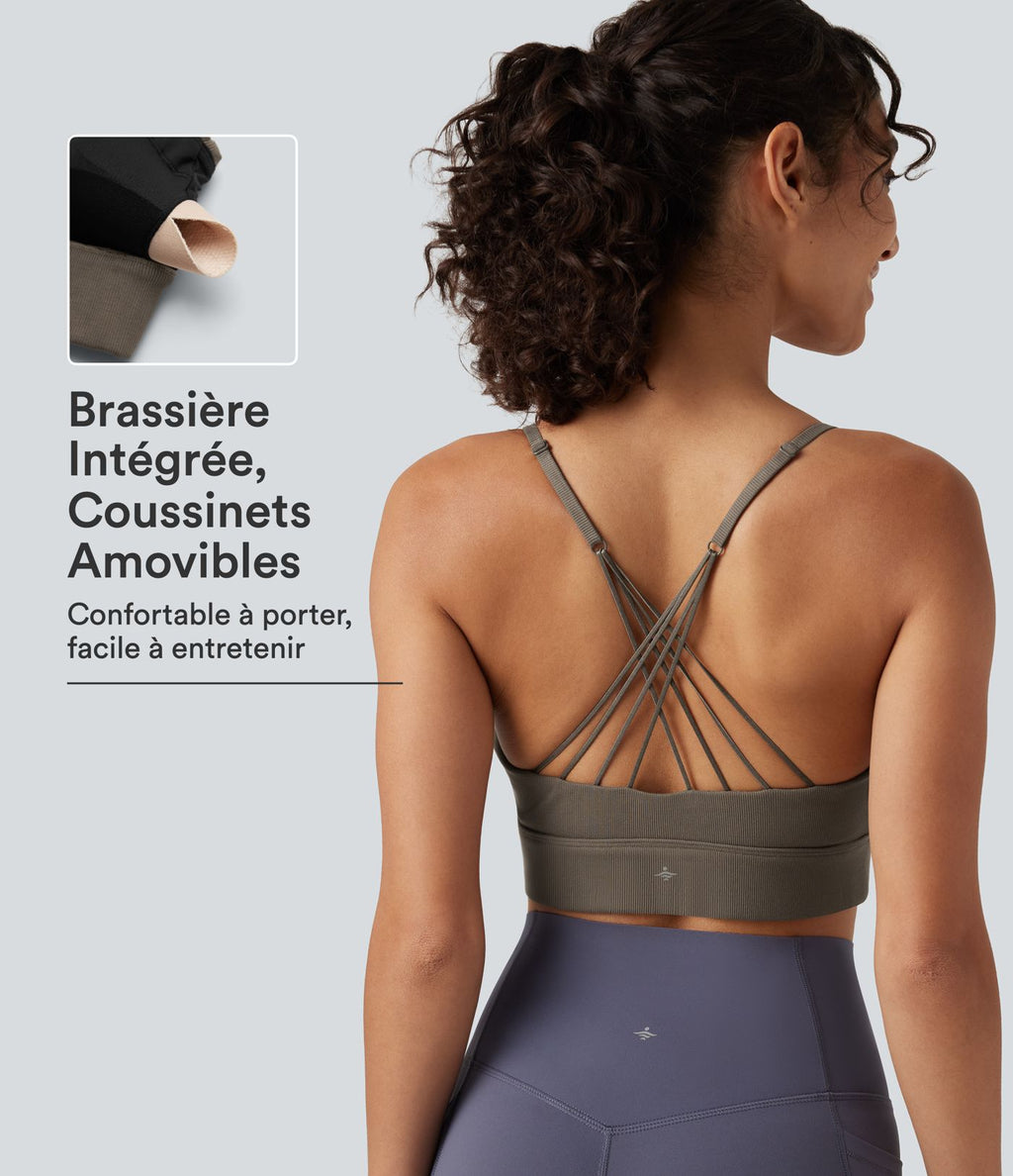 Brassière de yoga côtelée maintien léger à col V avec bretelles croisées et coussinets amovibles