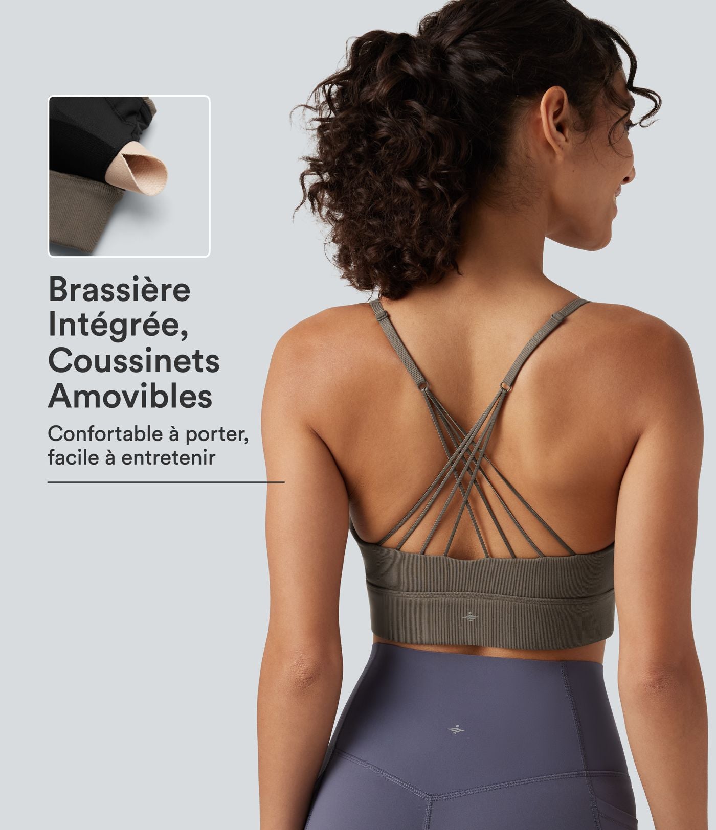 Brassière de yoga côtelée maintien léger à col V avec bretelles croisées et coussinets amovibles