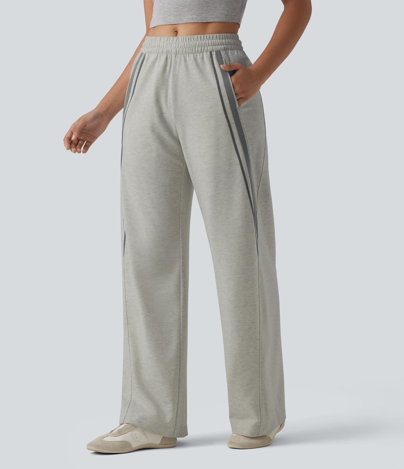 Jogging large décontracté color block taille mi-haute avec cordon de serrage intérieur et poches