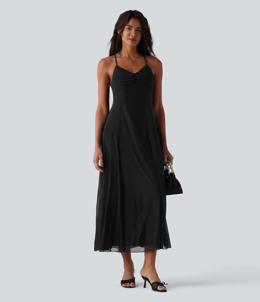 Robe longue fluide dos croisé avec superposition mesh pour demoiselle d'honneur et invitée mariage