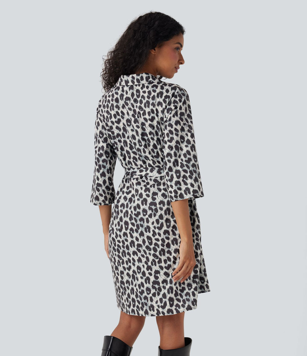 Robe-chemise décontractée imprimé léopard manches retroussables ceinturée avec poches