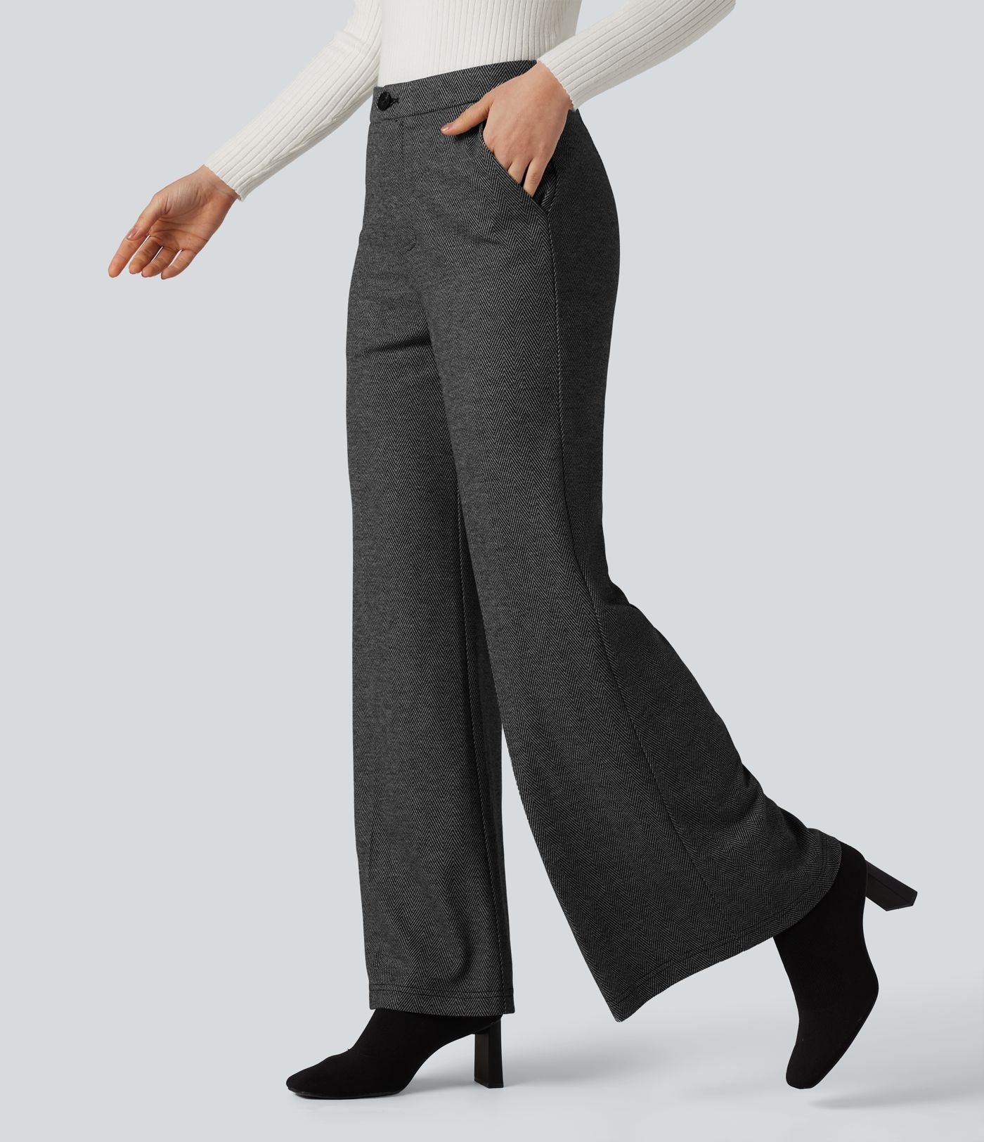Pantalon tailleur large chevrons taille haute avec poches