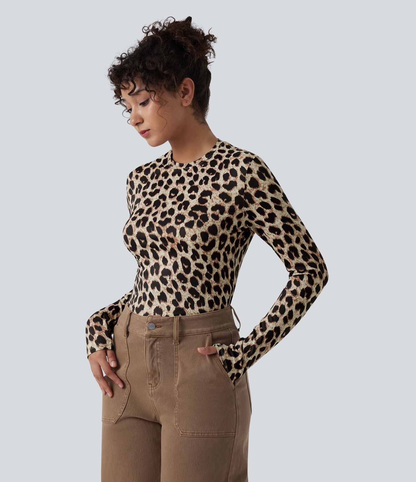 Top casual ajusté col rond manches longues imprimé léopard