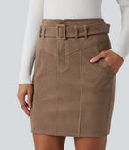 Jupe de travail mini moulante en daim taille haute avec ceinture et poches