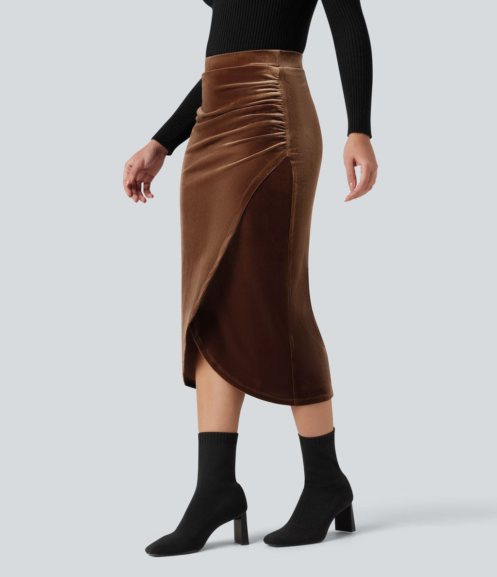 Jupe tulipe mi-longue velours taille haute