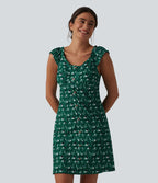 Robe trapèze mini col U sans manches à volants imprimé floral avec soutien-gorge intégré