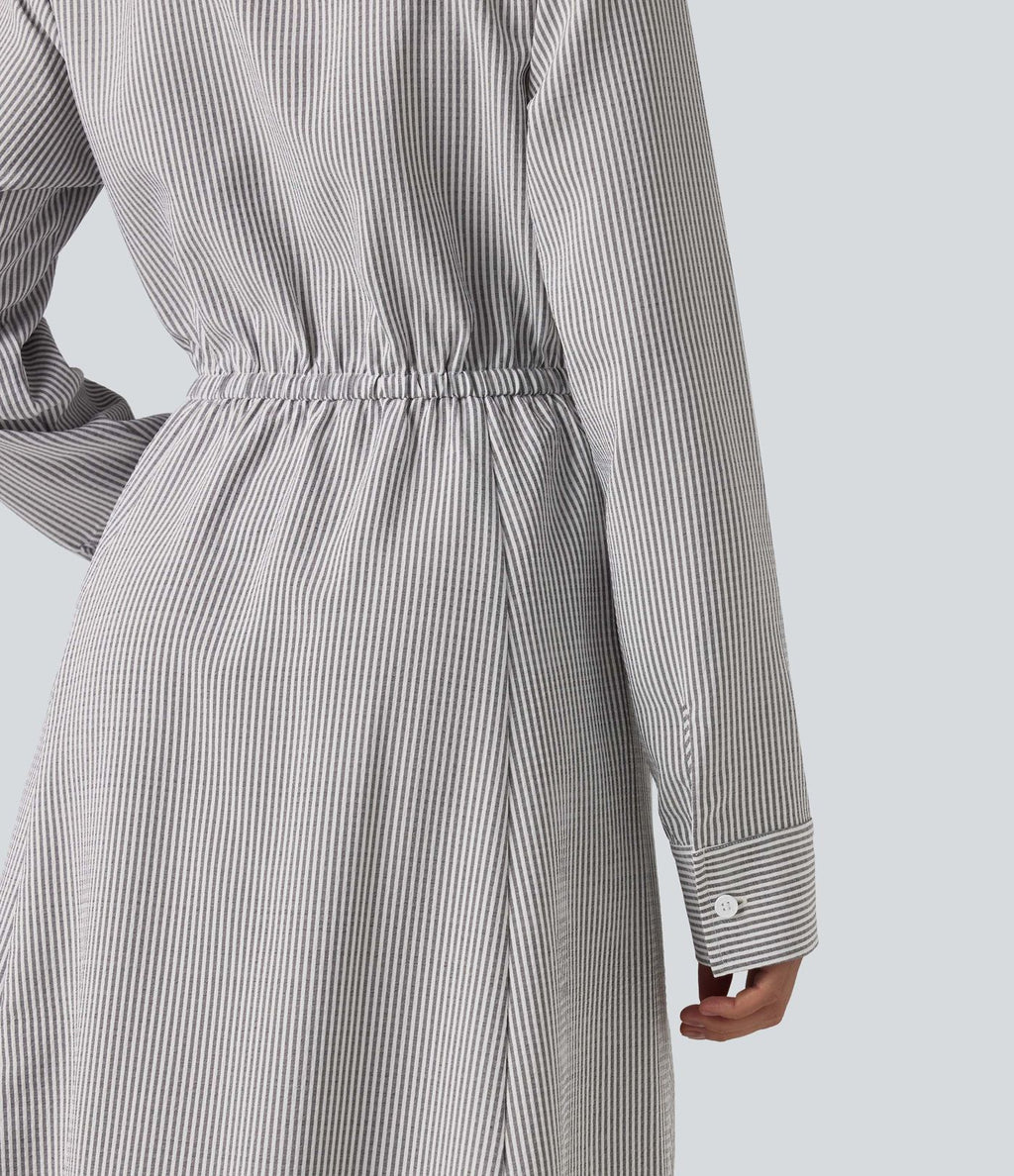 Robe chemise midi habillée à col, manches longues, lien à nouer devant et rayures