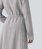 Robe chemise midi habillée à col, manches longues, lien à nouer devant et rayures