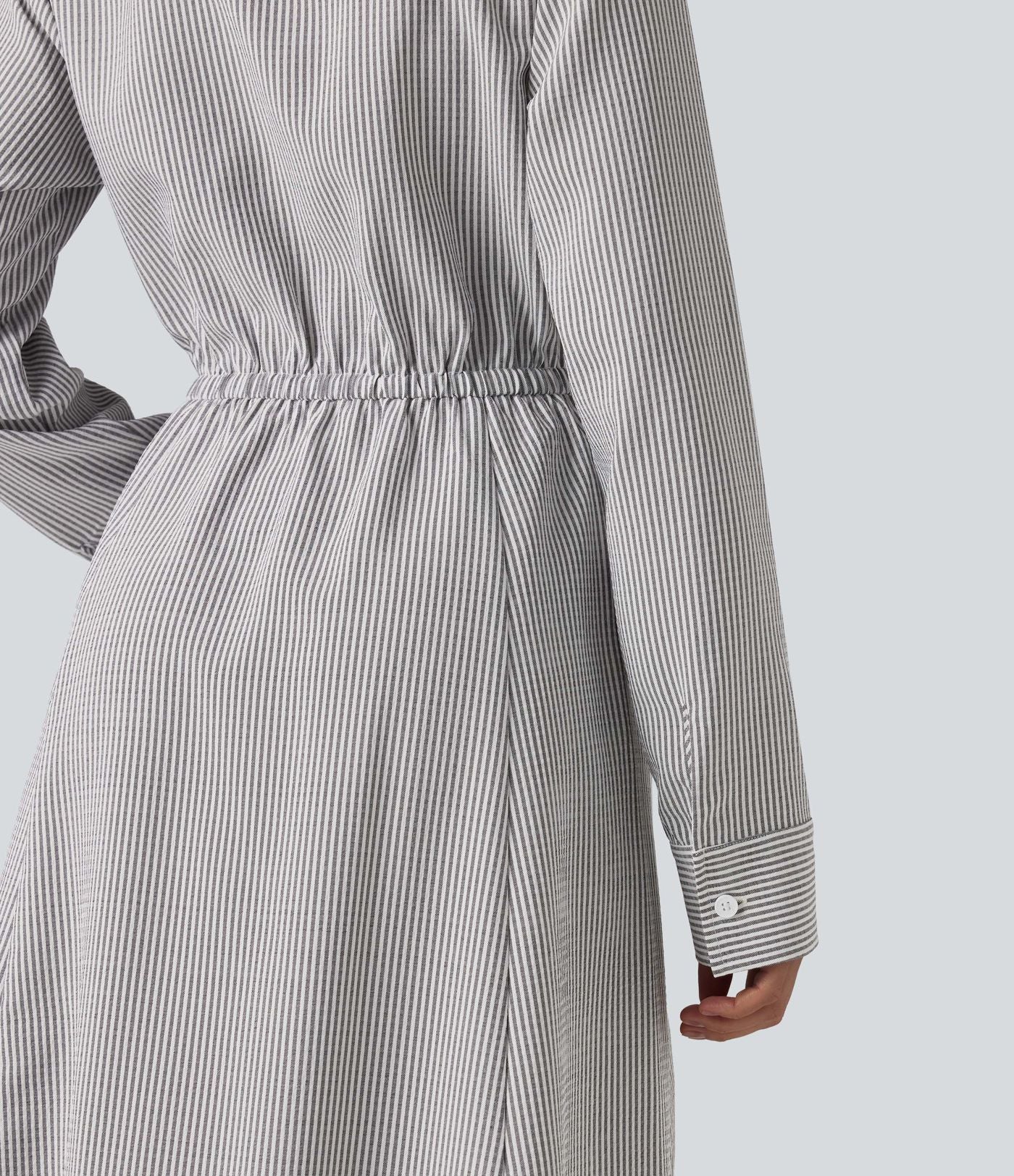 Robe chemise midi habillée à col, manches longues, lien à nouer devant et rayures