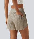 Short casual taille haute ourlet arrondi rayures avec poches