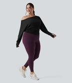 Haut de yoga grande taille asymétrique à manche longue, trou pour le pouce et fronces