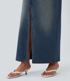 Halara Flex™ Jupe en Jean longue décontractée extensible délavé taille moyenne avec fente et multiples poches