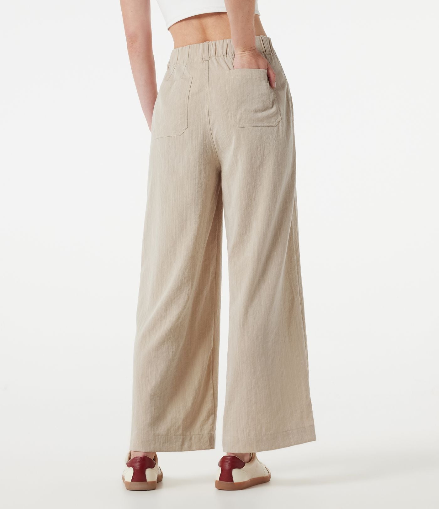 Pantalon large casual taille haute toucher lin avec poches