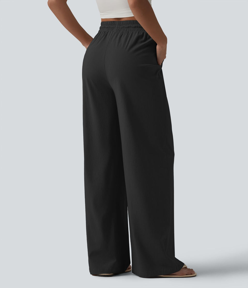 Pantalon large fluide en lin stretch taille haute avec cordon de serrage et poches