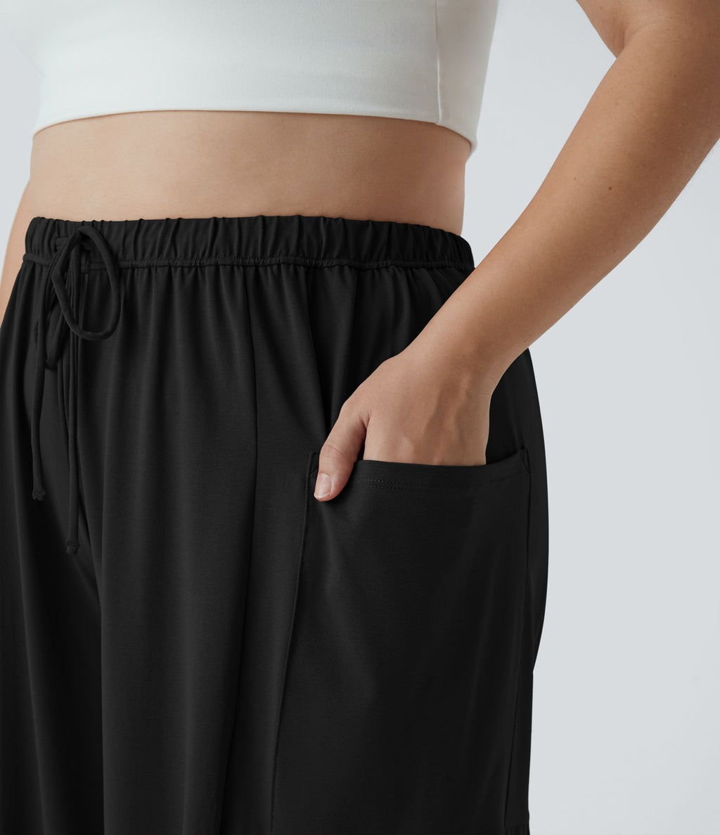 Pantalon Large Casual Taille Mi-Haute Taille Élastique Cordon Poches Latérales Ourlet Flottant Grande Taille