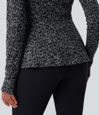 Veste décontractée Halara UltraSculpt™ imprimé léopard col montant manches longues avec trous pour pouces et poches