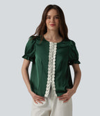 Blouse décontractée col rond manches bouffantes courtes avec dentelle contrastée