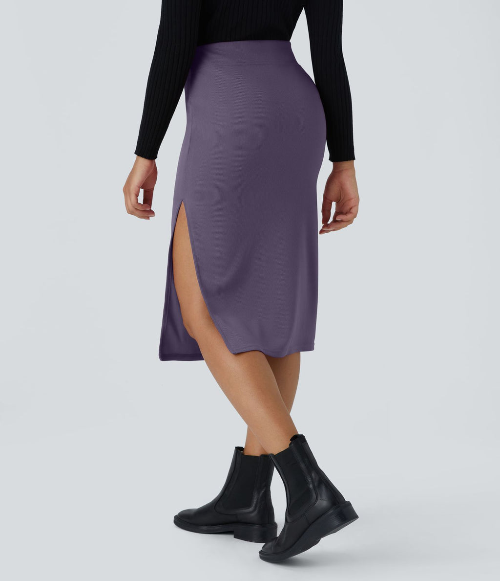 Jupe Midi Moulante Casual en Côtes Taille Haute Fendue