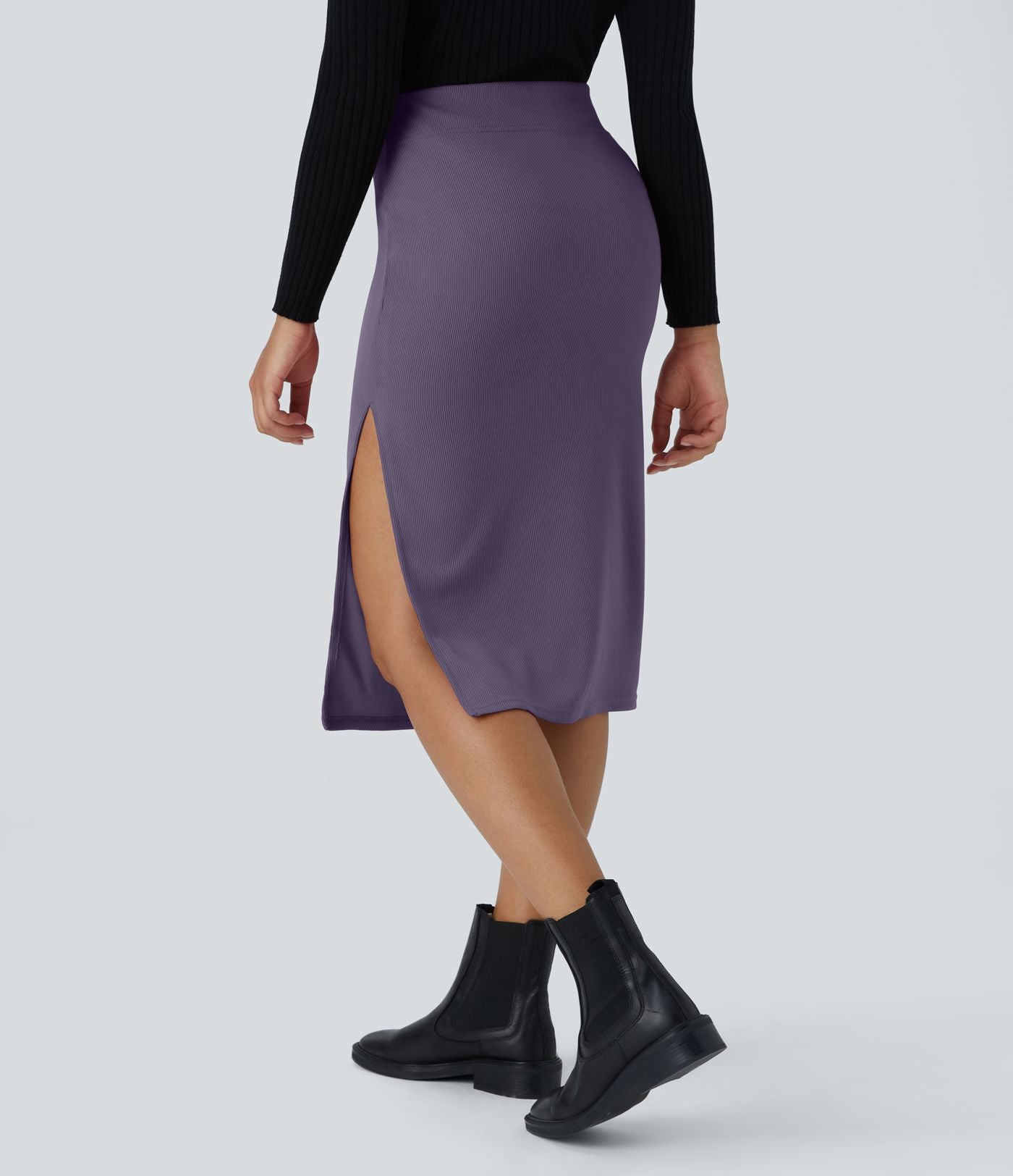 Jupe Midi Moulante Casual en Côtes Taille Haute Fendue