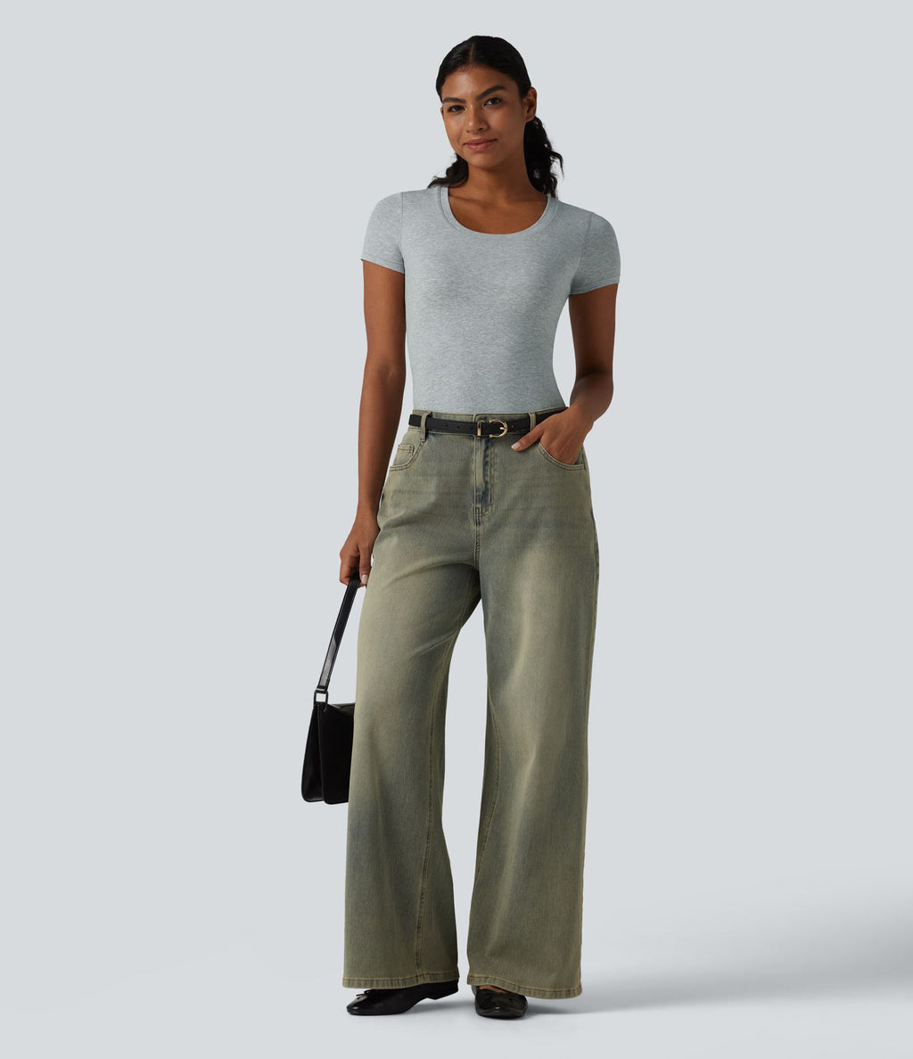 Halara T-shirt en jersey de coton col rond échancré manches courtes avec soutien-gorge intégré bonnets B-DD