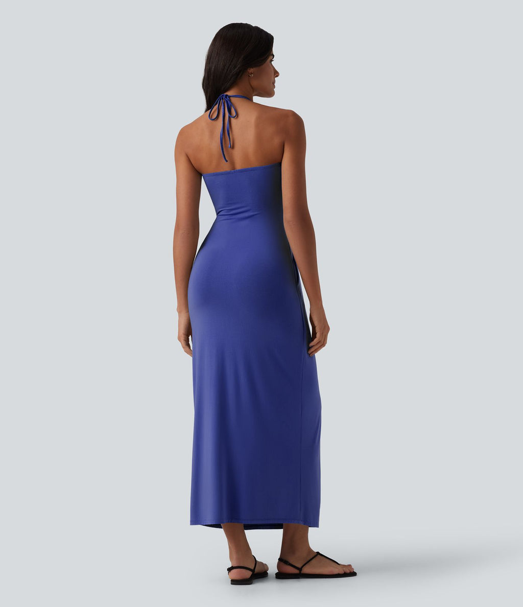 Robe longue dos nu col licou avec nœud et poches