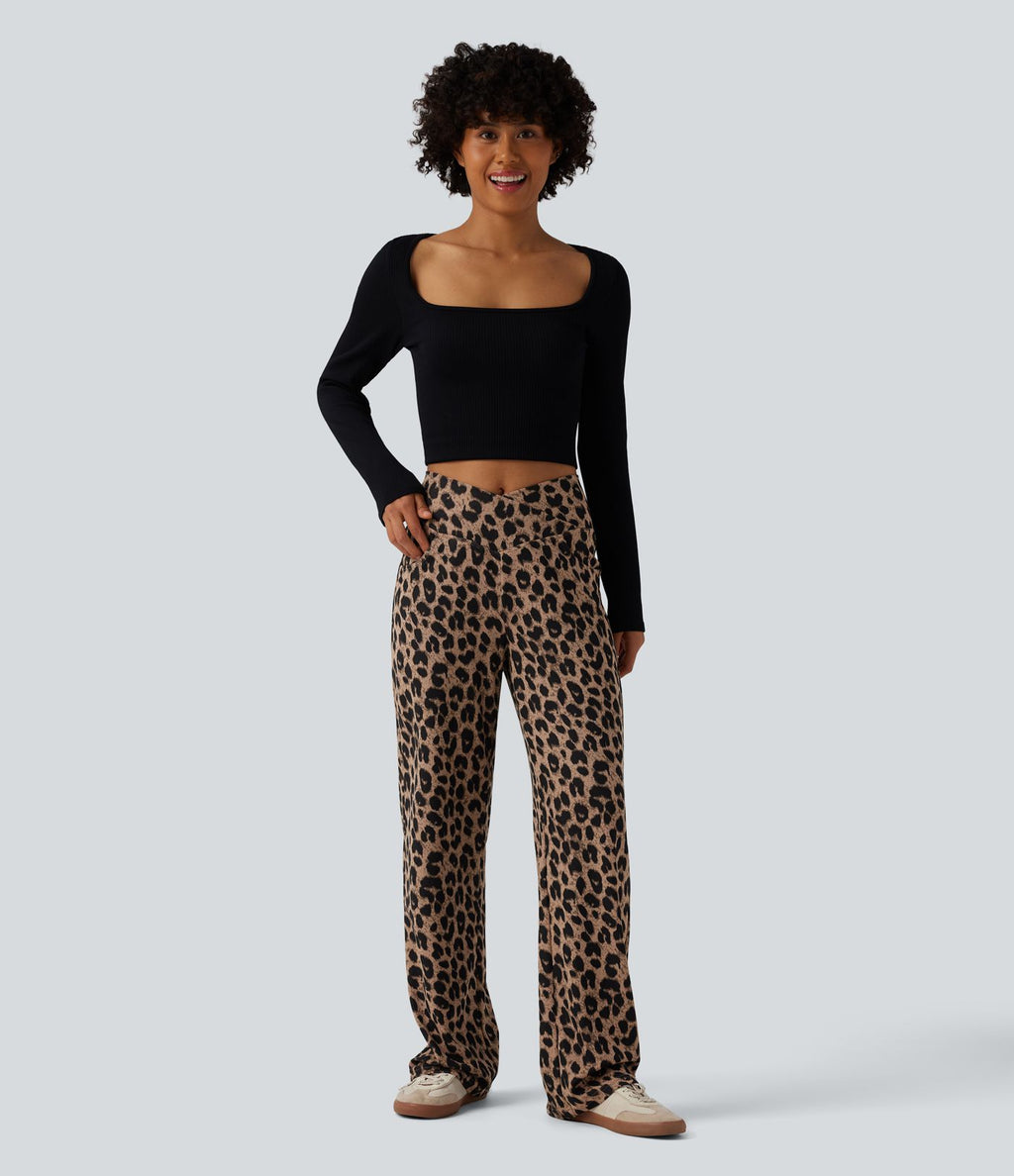 Pantalon large décontracté taille haute croisé imprimé léopard en tissu gaufré avec poches