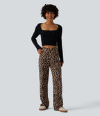 Pantalon large décontracté taille haute croisé imprimé léopard en tissu gaufré avec poches