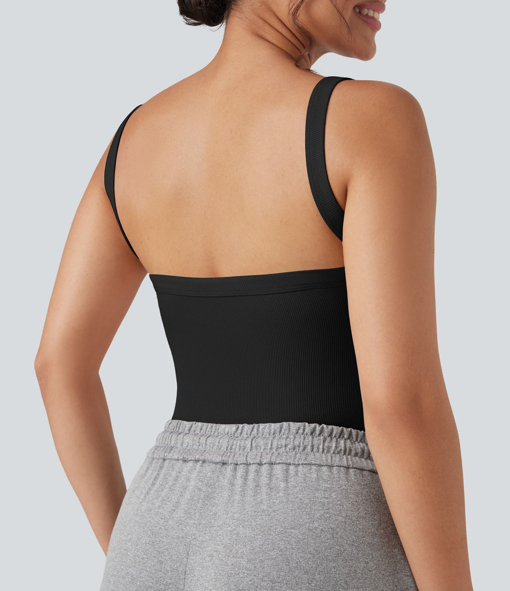 Body moulant décontracté maille côtelée col carré sans manches