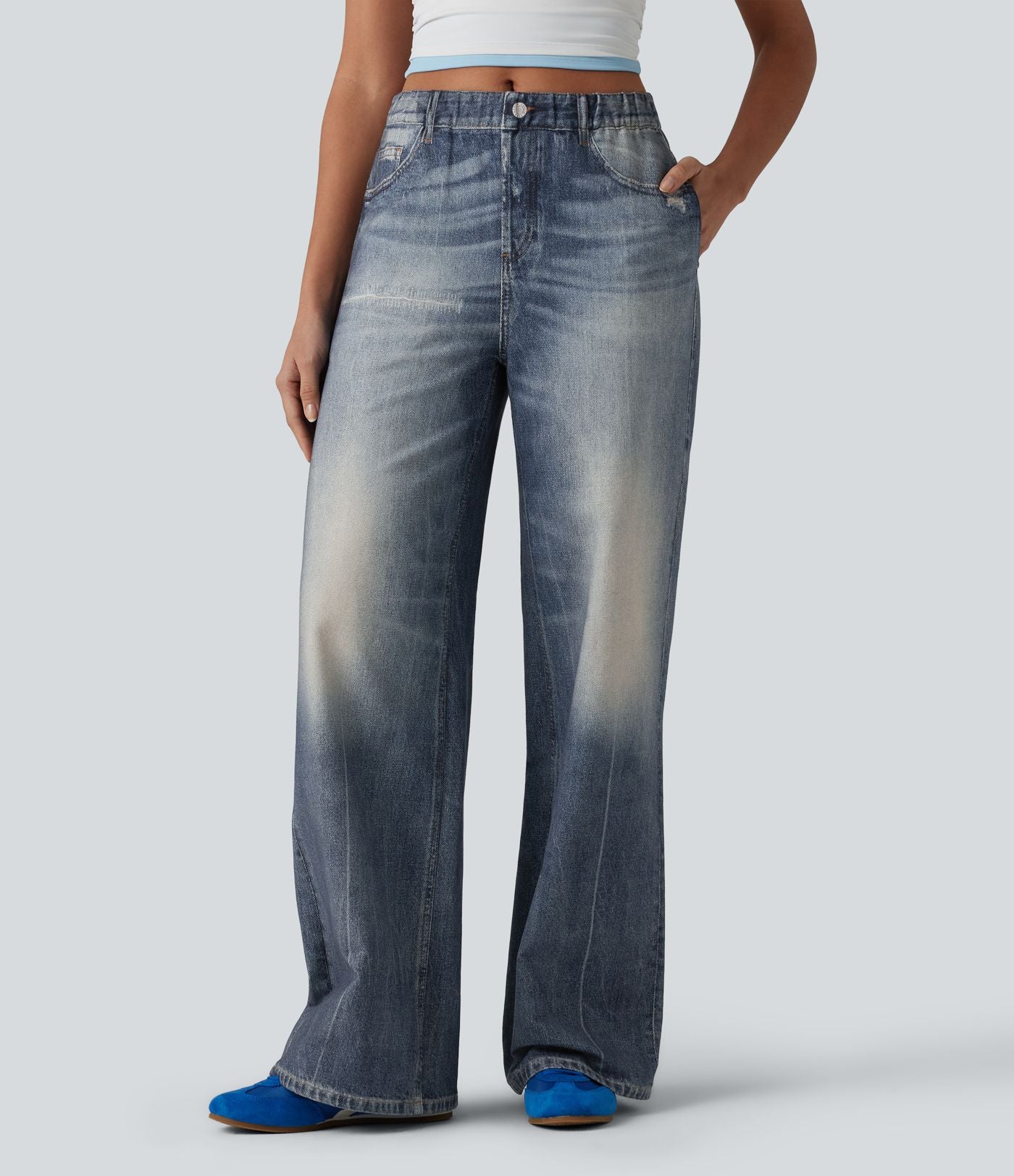 Jogging jean décontracté en molleton French Terry imprimé denim taille mi-haute avec poches