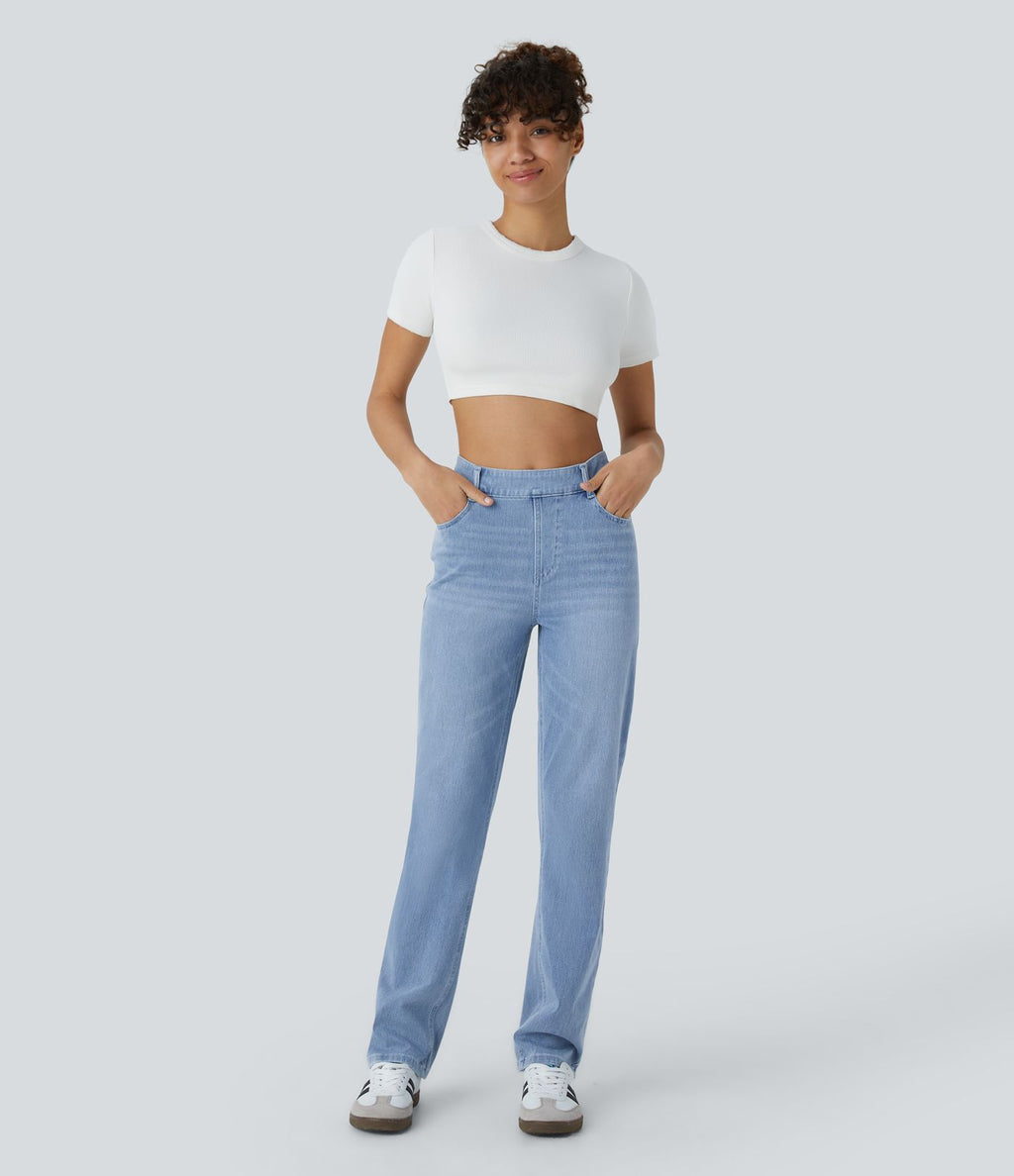 Jean droit slim Halara Flex™ taille haute avec multiples poches effet frais InstantCool en maille denim extensible délavée
