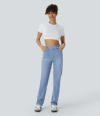 Jean droit slim Halara Flex™ taille haute avec multiples poches effet frais InstantCool en maille denim extensible délavée