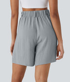 Bermuda Large Fluide Taille Haute avec Plis et Poches Latérales en Lin Synthétique