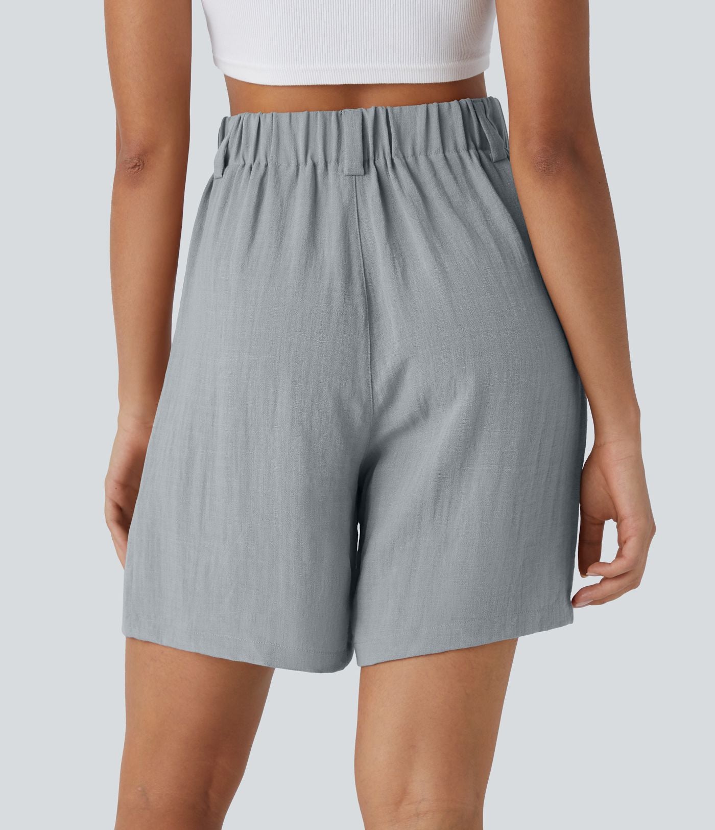 Bermuda Large Fluide Taille Haute avec Plis et Poches Latérales en Lin Synthétique