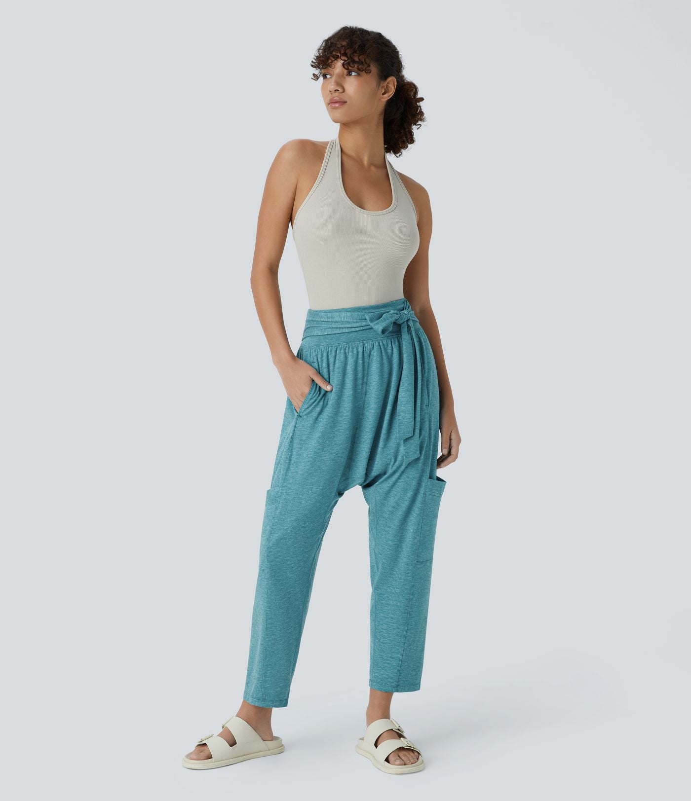 Pantalon Harem Casuak à Taille Mi-Haute avec Liens sur le Côté et Multiples Poches