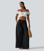 Pantalon large fluide taille haute en lin mélangé avec poches et liens latéraux