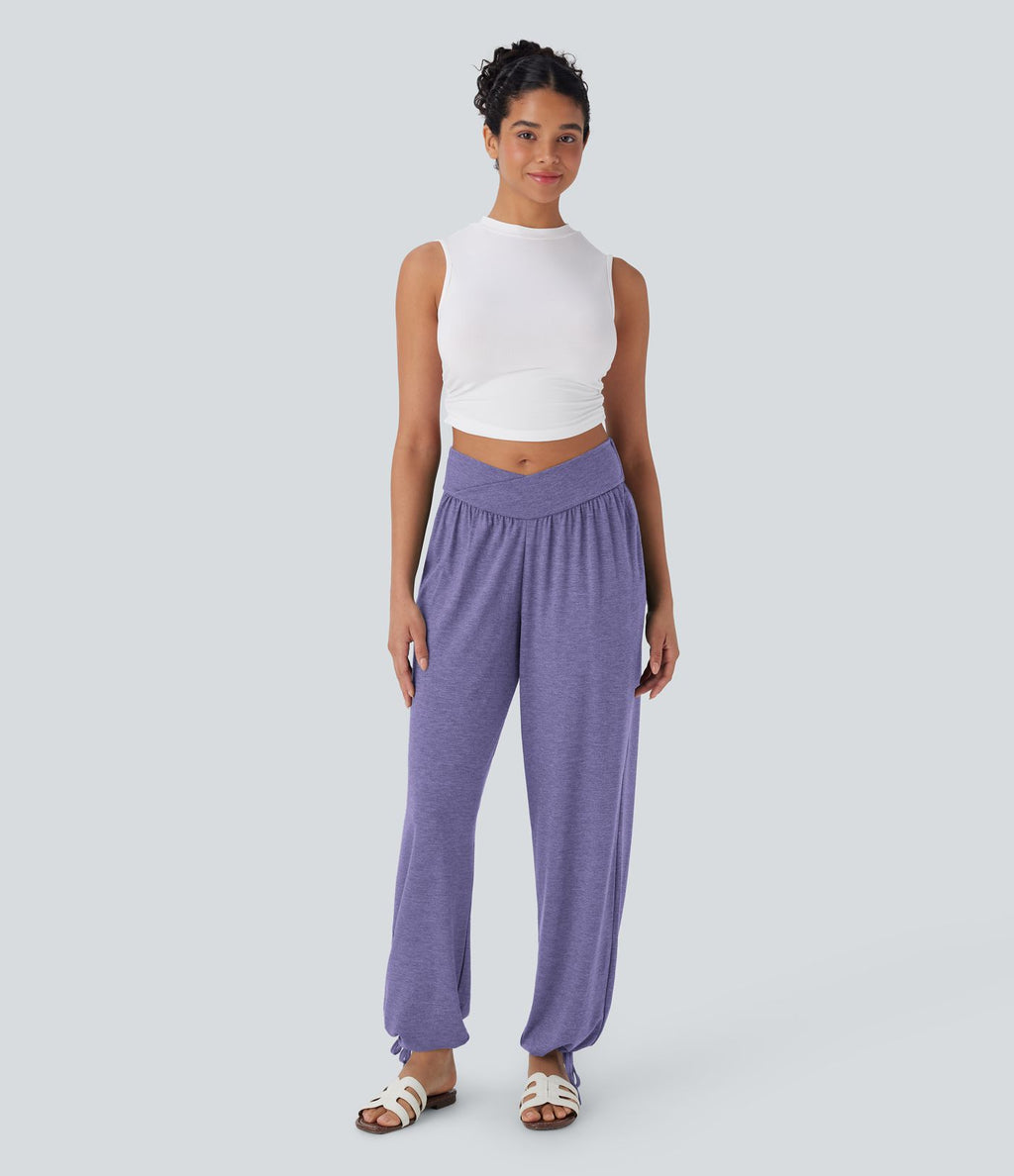 Pantalon de jogging décontracté à taille haute croisée avec poches latérales et cordon de serrage