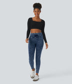 Halara Flex™ Jean Casual Taille Haute avec Cordon de Serrage et Poches Latérales en Tricot Extensible Lavé