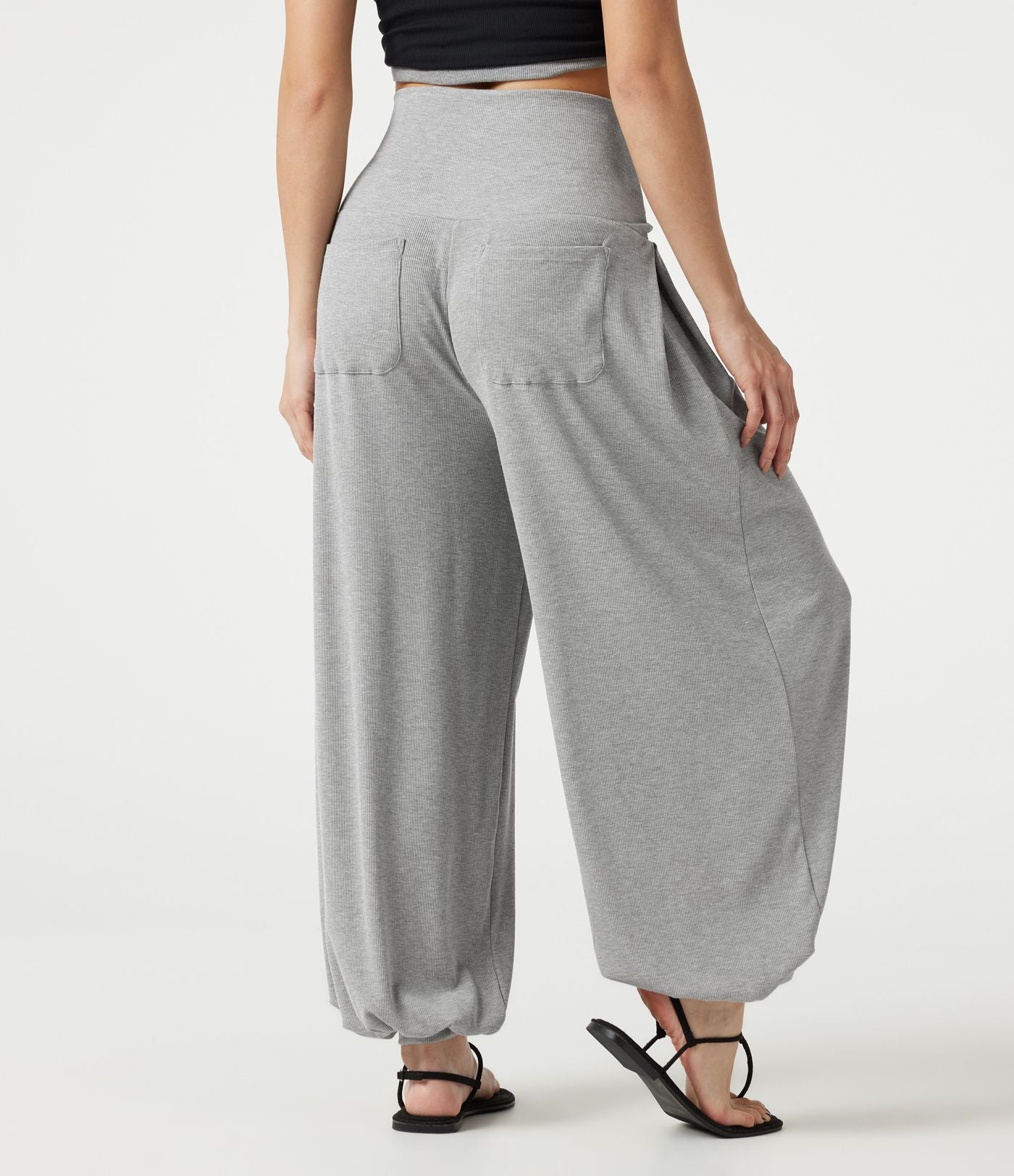 Jogging décontracté côtelé ventre plat, taille haute, très extensible, à poches