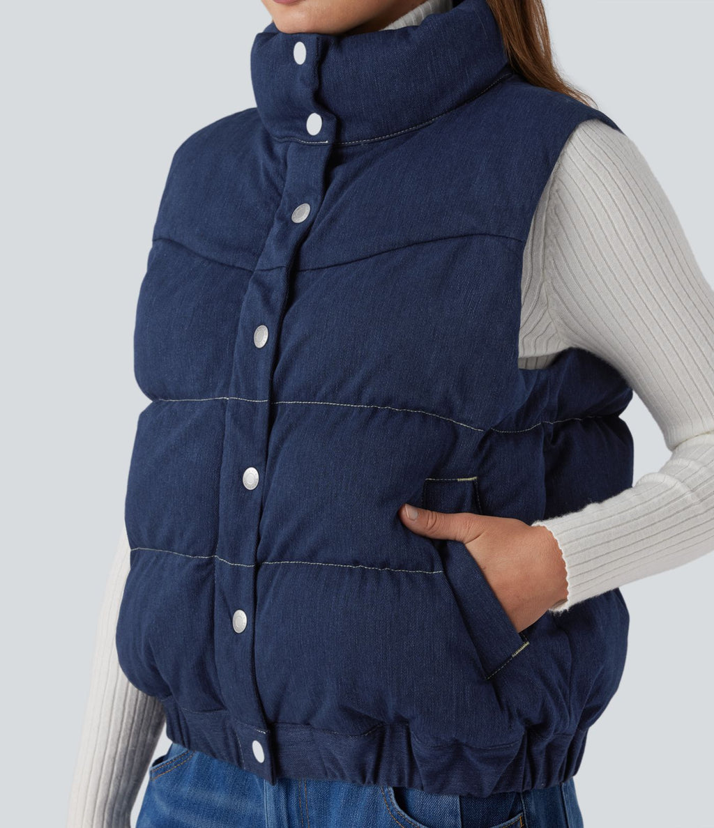 Halara Flex™ Doudoune sans manches en denim à col montant avec poches