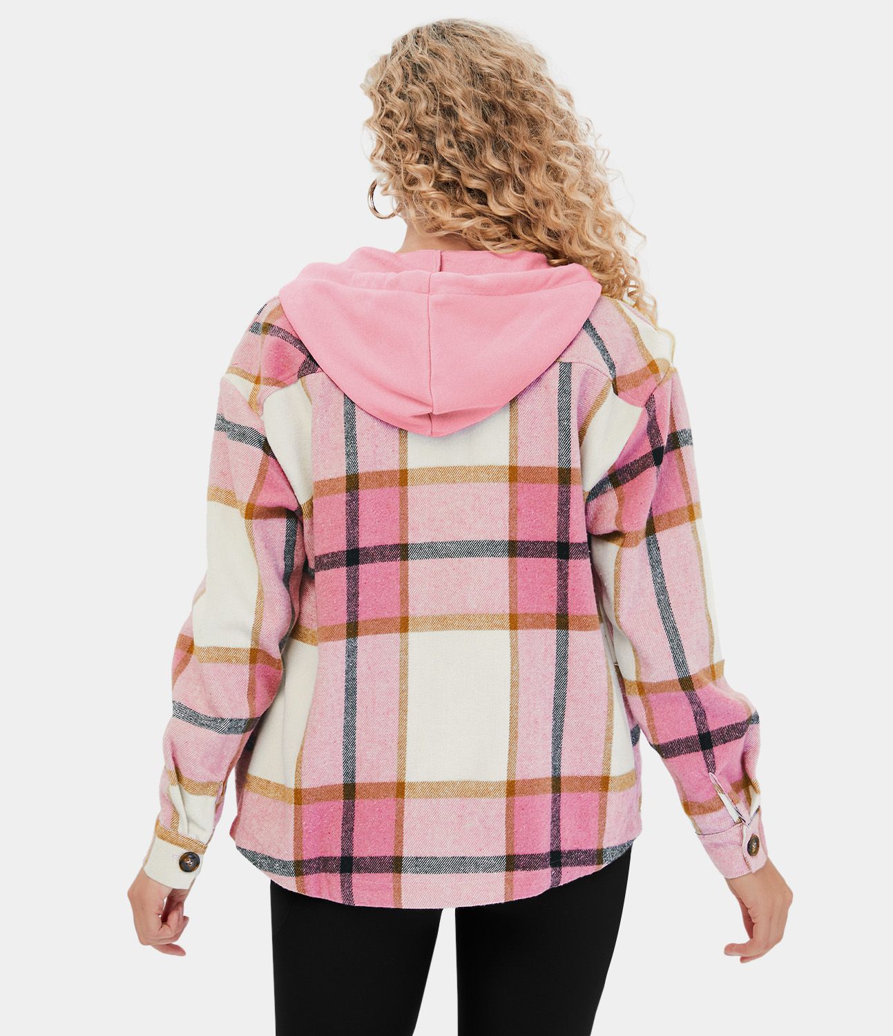 Veste de Casual à Carreaux en Polaire à Capuche avec Cordon de Serrage Boutons et Poches Latérales