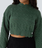 Pull décontracté à col montant, manches évêque, ourlet festonné et maille ajourée
