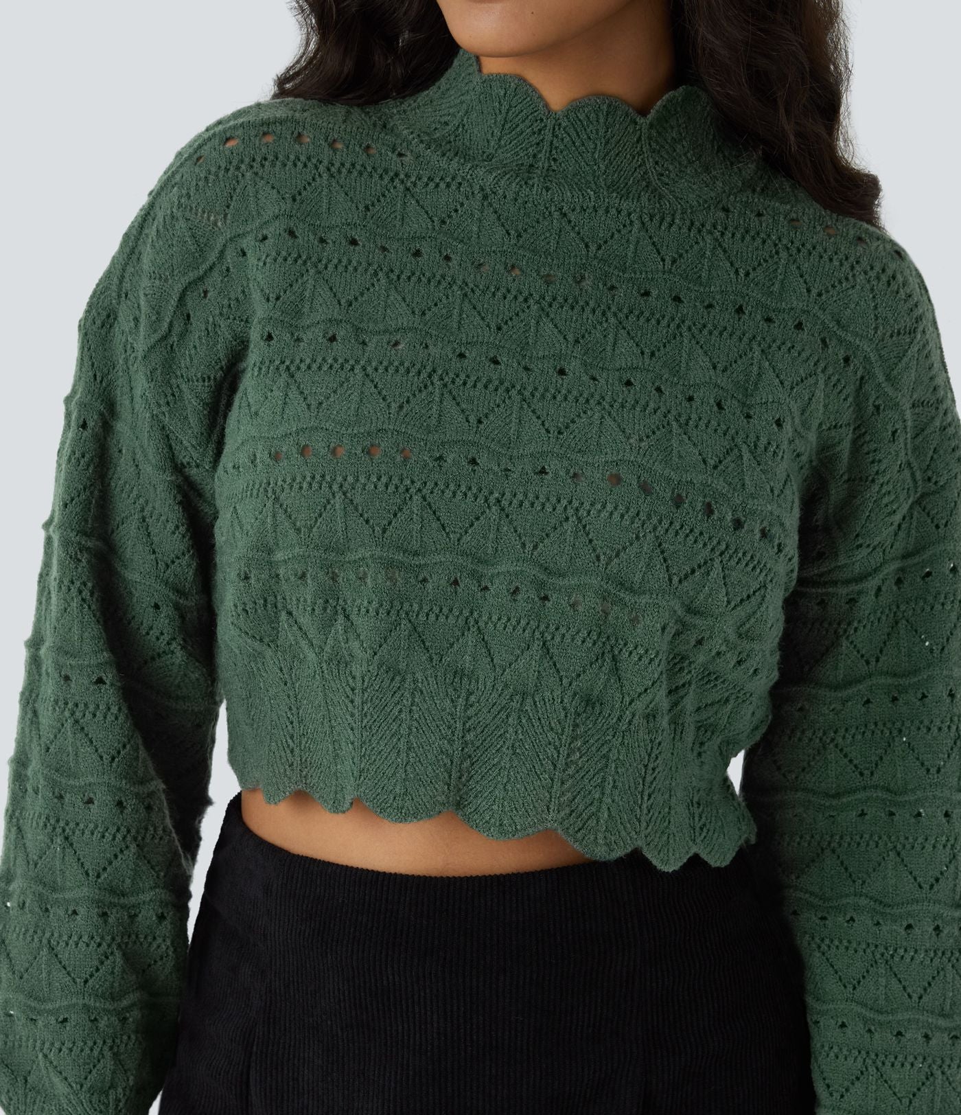 Pull décontracté à col montant, manches évêque, ourlet festonné et maille ajourée