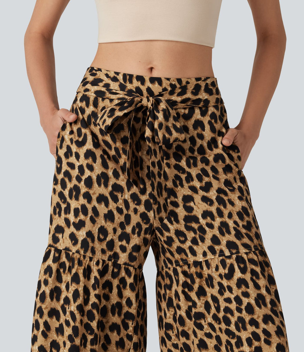 Pantalon ample décontracté taille mi-haute avec nœud devant imprimé léopard avec poches