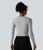 T-shirt tailleur côtelé court col V manches longues